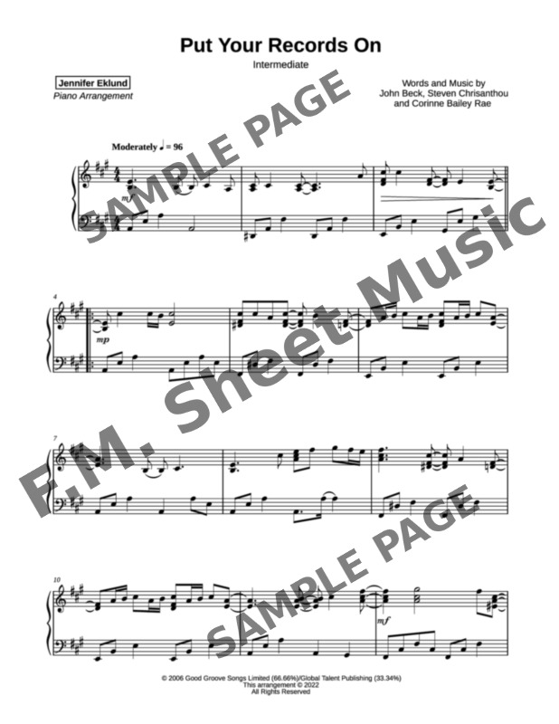 Put Your Records On (Intermediate Piano) By Corinne Bailey Rae - F.M